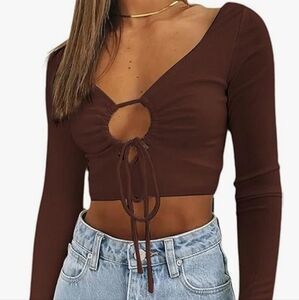 Front Cut Out Women's Black Long Sleeve Crop Top. Small